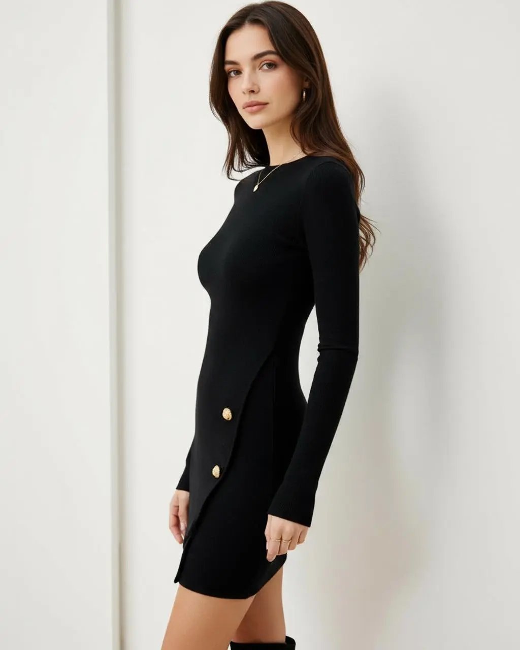 Black O-Neck Long Sleeve Mini Dresses SOLACE