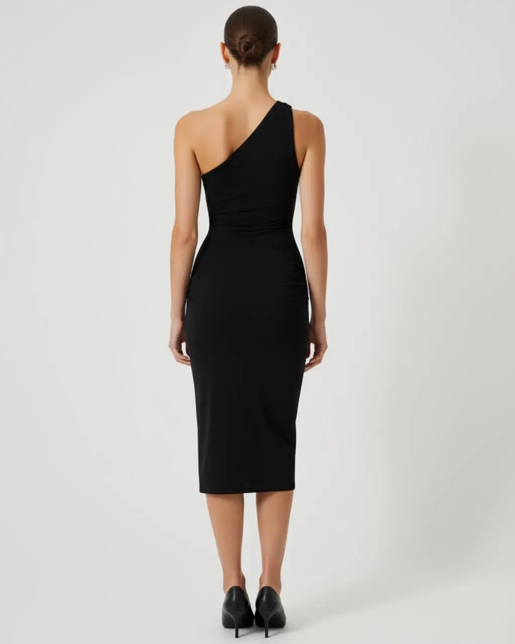 Black One-Shoulder Fitted Midi Dress SOLACE