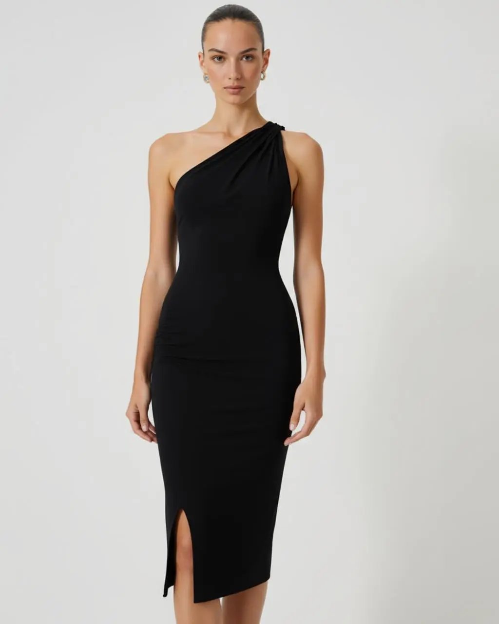 Black One-Shoulder Fitted Midi Dress SOLACE