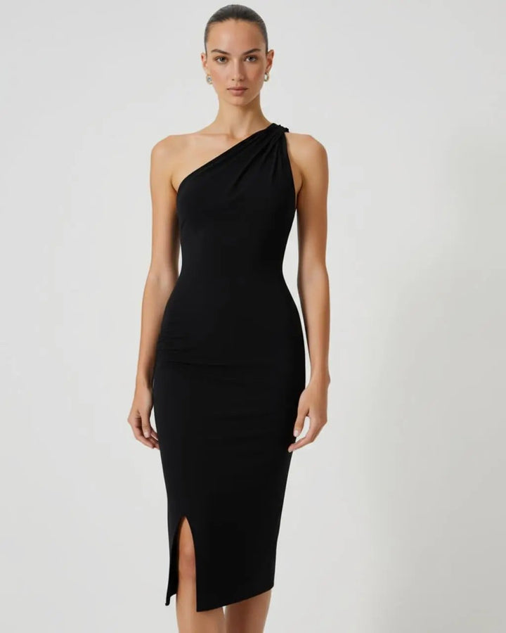Black One-Shoulder Fitted Midi Dress SOLACE