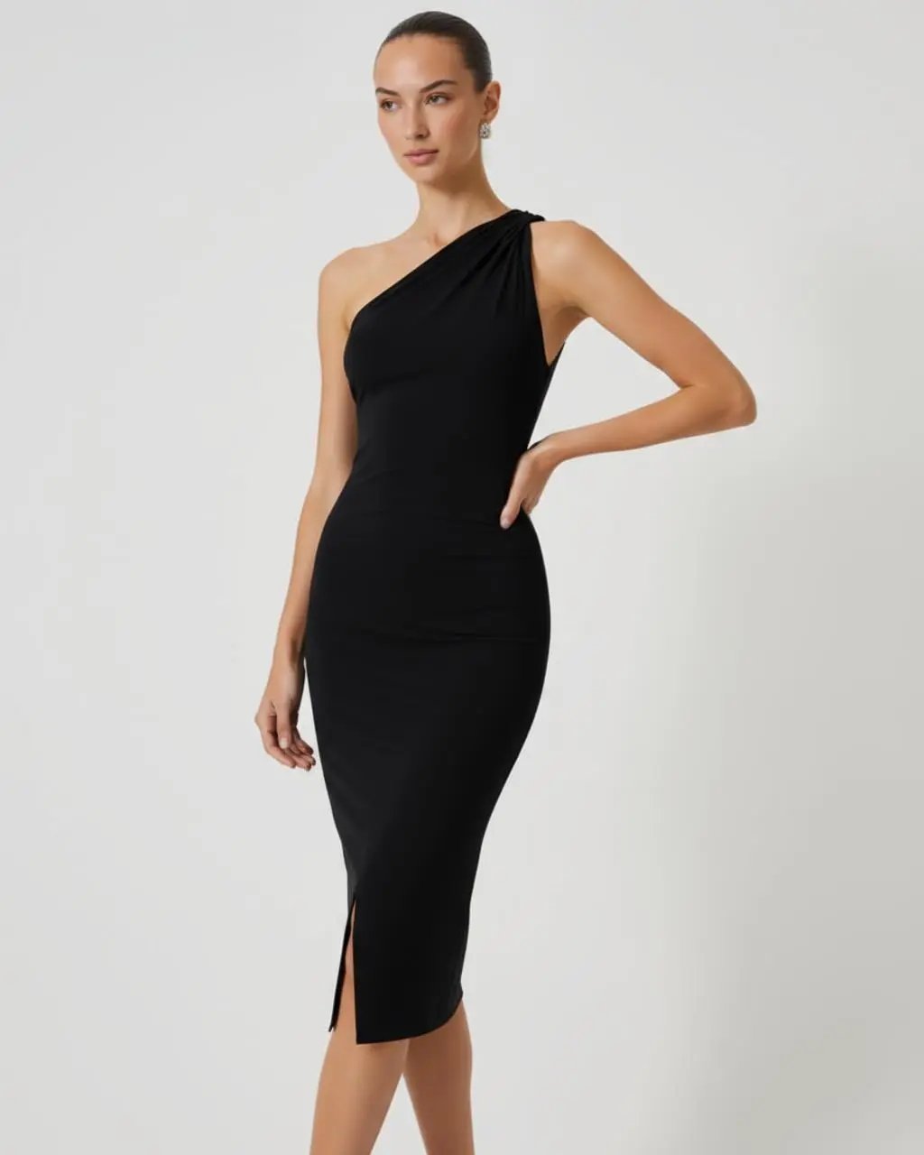 Black One-Shoulder Fitted Midi Dress SOLACE
