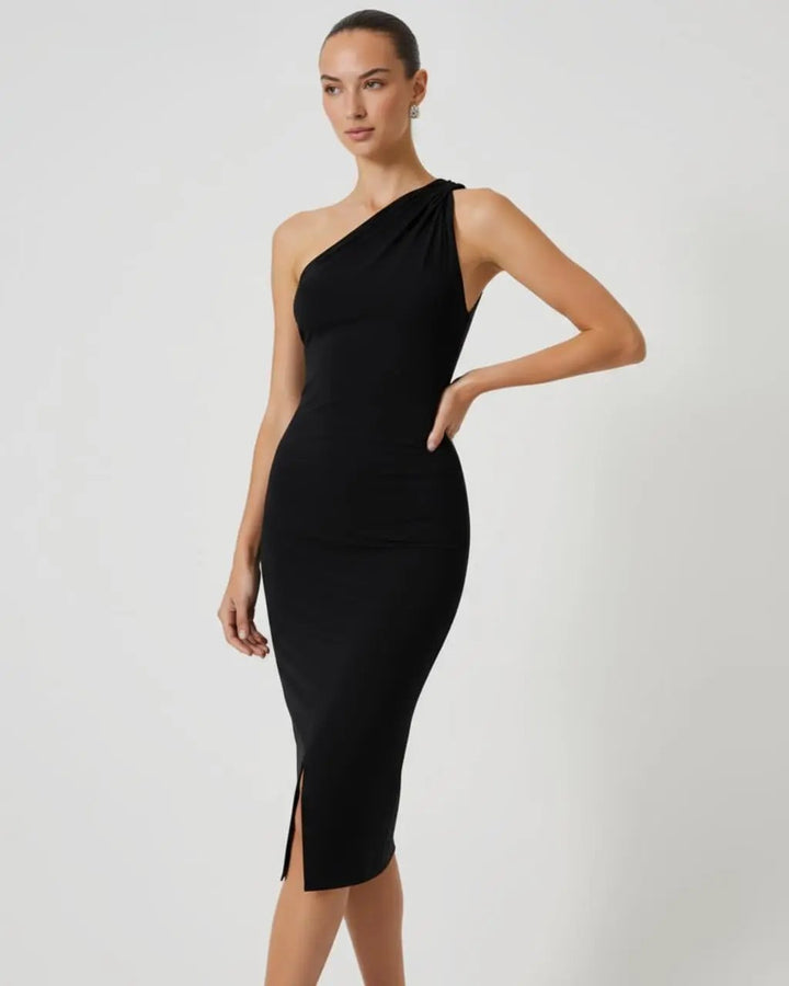 Black One-Shoulder Fitted Midi Dress SOLACE
