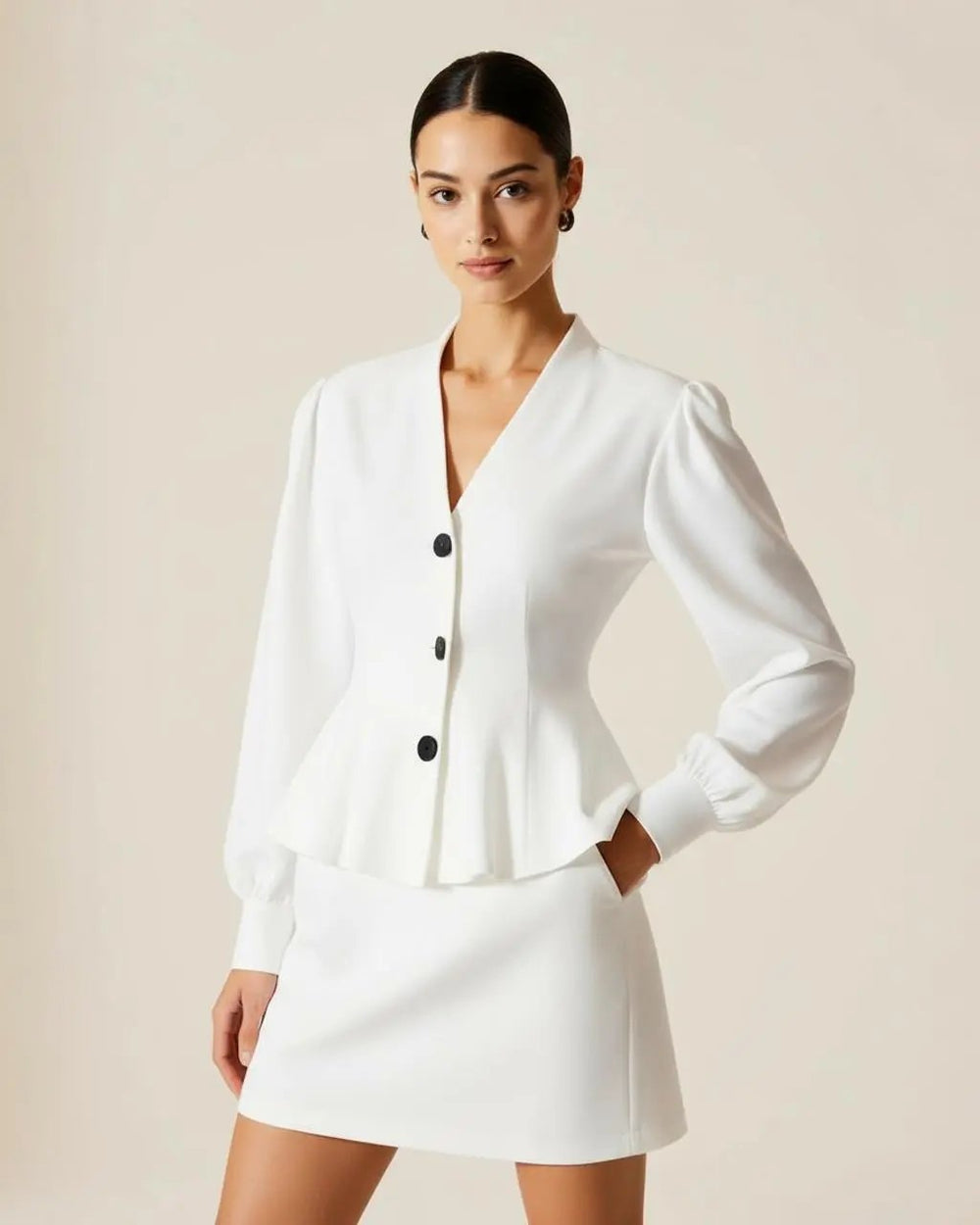 Peplum Cinched Waist Button Front Blazer Set SOLACE