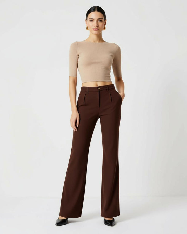 Mid-Sleeve Cropped Top And High Waist Bootcut Pants Set SOLACE