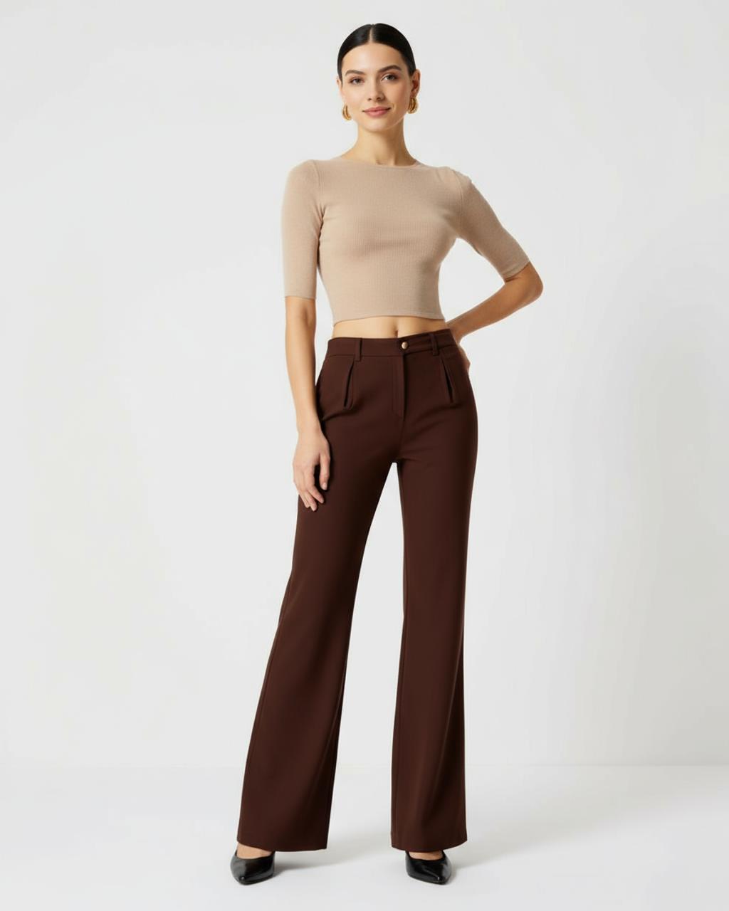 Mid-Sleeve Cropped Top And High Waist Bootcut Pants Set SOLACE