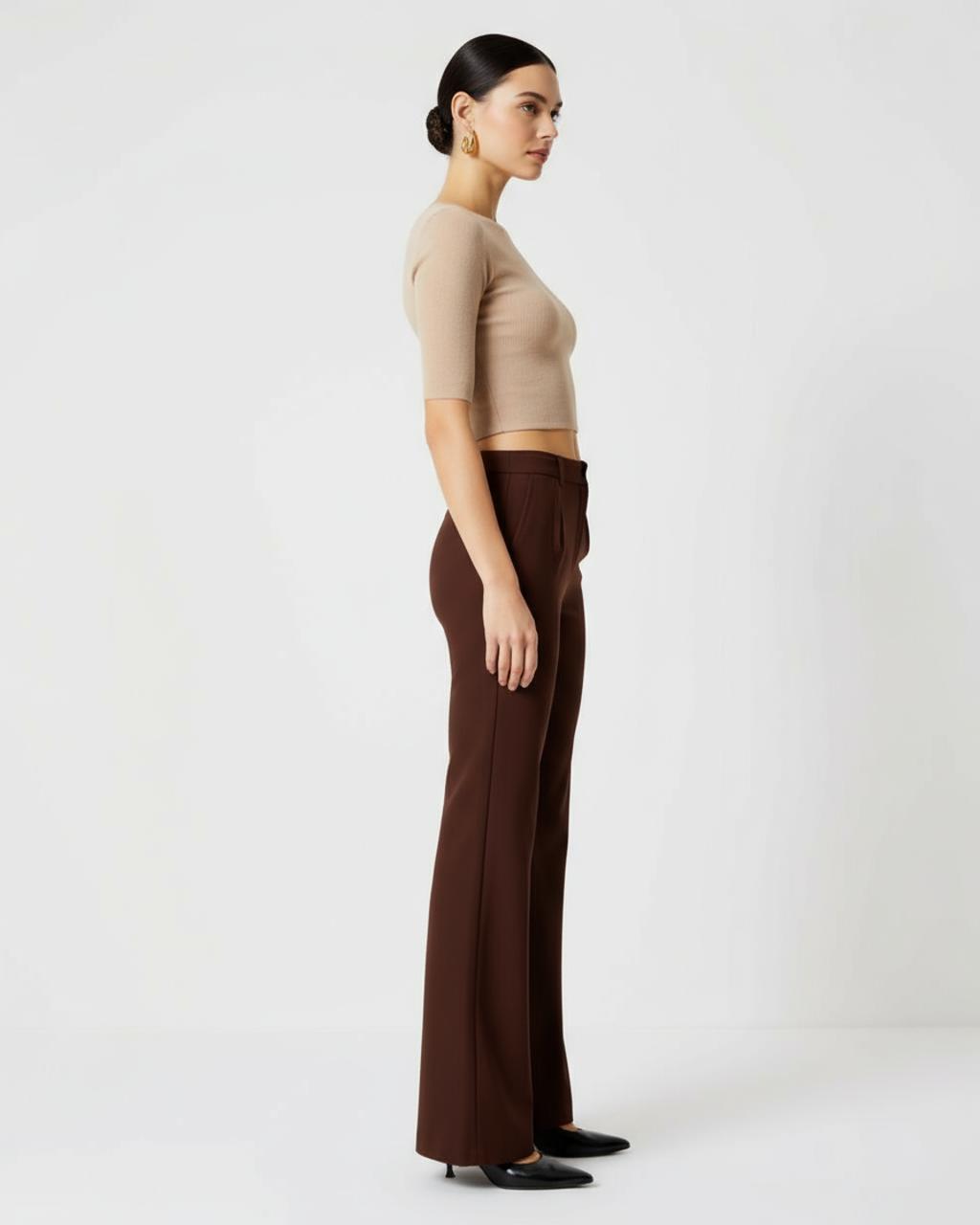 Mid-Sleeve Cropped Top And High Waist Bootcut Pants Set SOLACE
