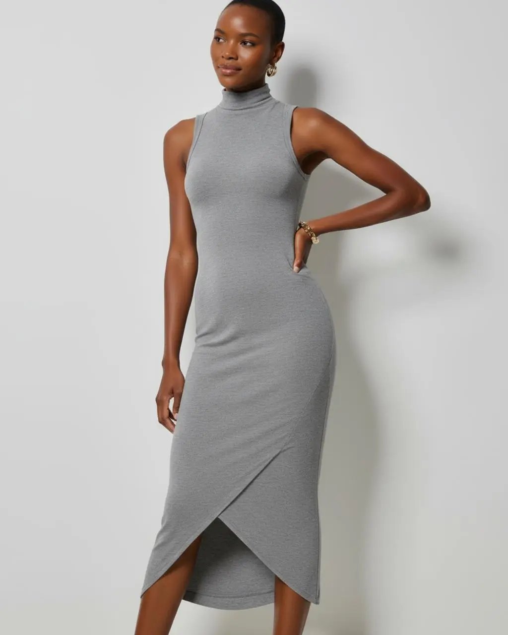 Grey High-Neck Sleeveless Wrap Dress SOLACE