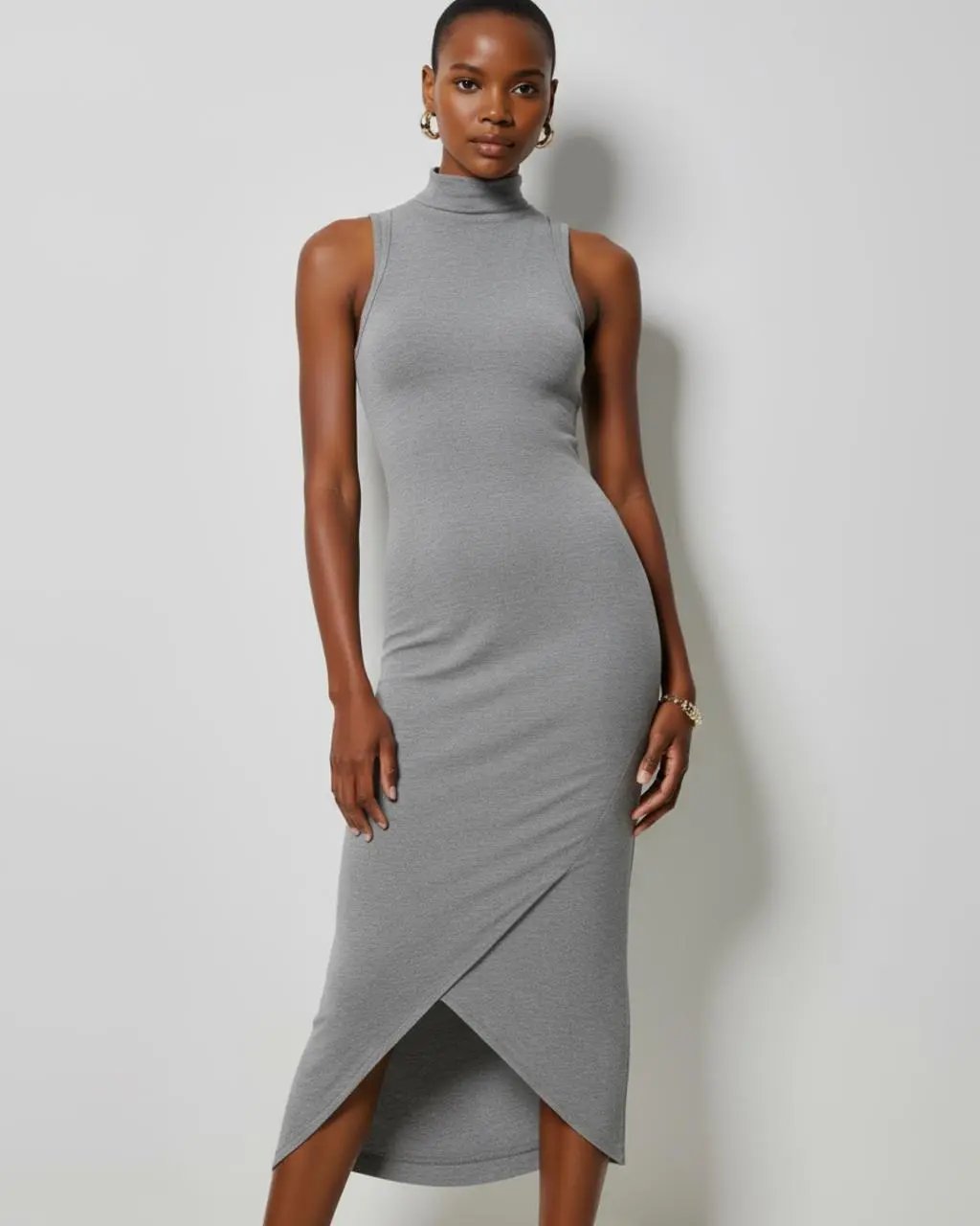 Grey High-Neck Sleeveless Wrap Dress SOLACE