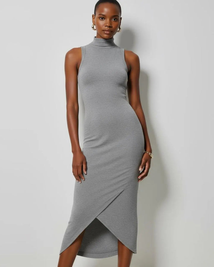 Grey High-Neck Sleeveless Wrap Dress SOLACE