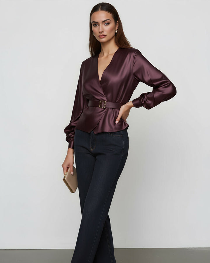 Wine Red Satin Belt Satin Wrap Top SOLACE