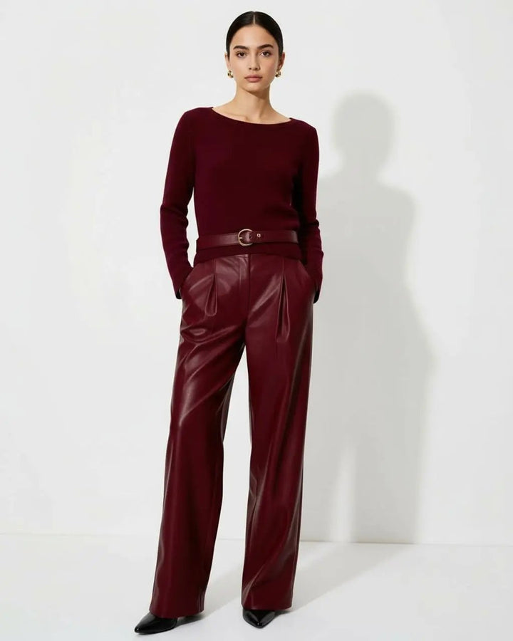 Wine Red High-Waist Leather Pants SOLACE