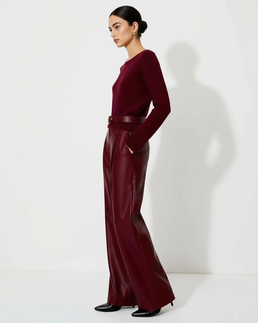 Wine Red High-Waist Leather Pants SOLACE