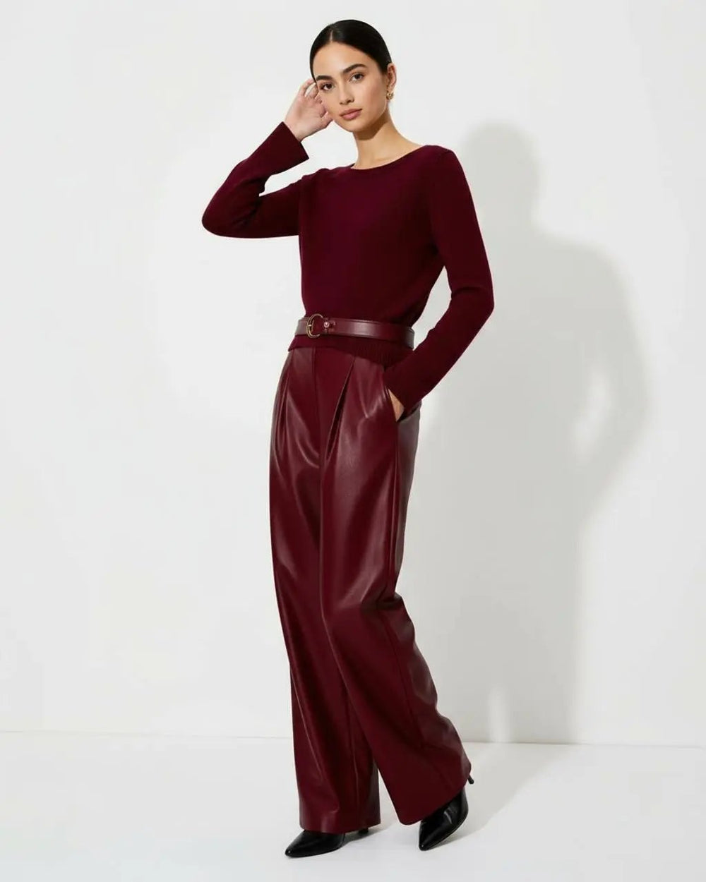 Wine Red High-Waist Leather Pants SOLACE