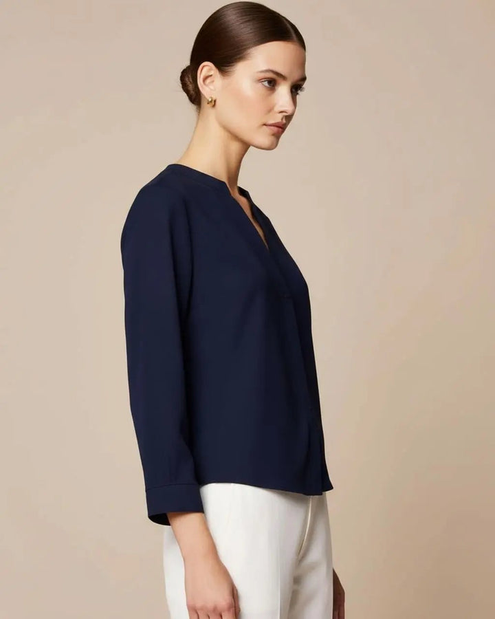 Plain Button Down V-Neck 3/4 Sleeve Blouse SOLACE
