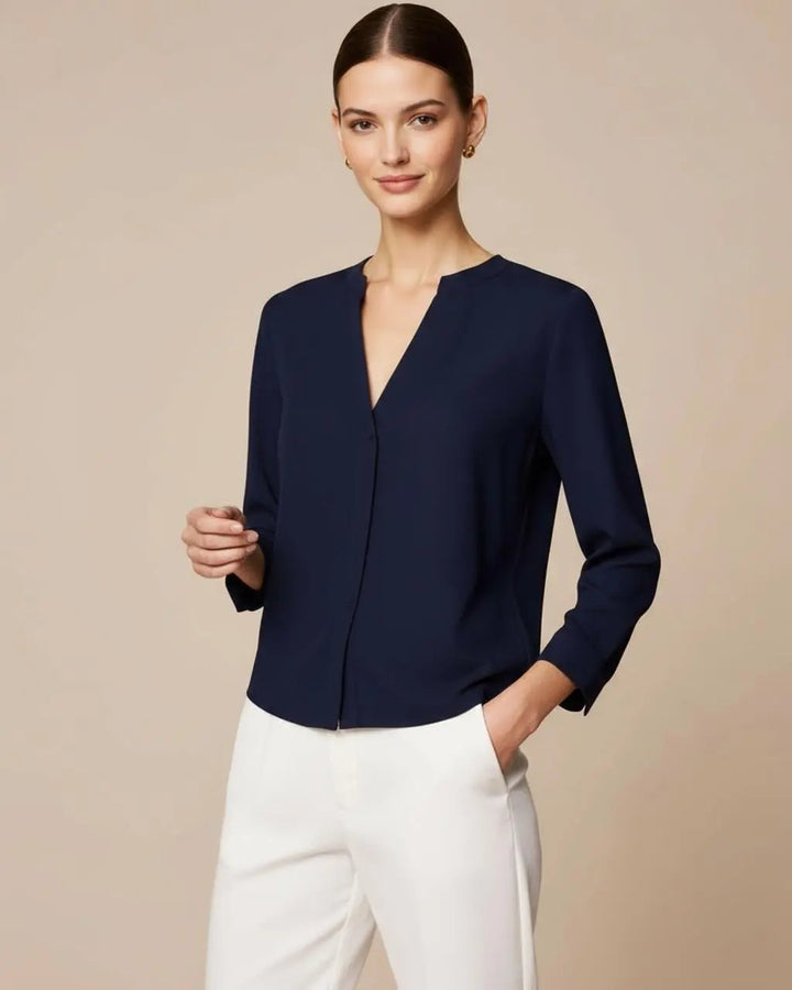 Plain Button Down V-Neck 3/4 Sleeve Blouse SOLACE