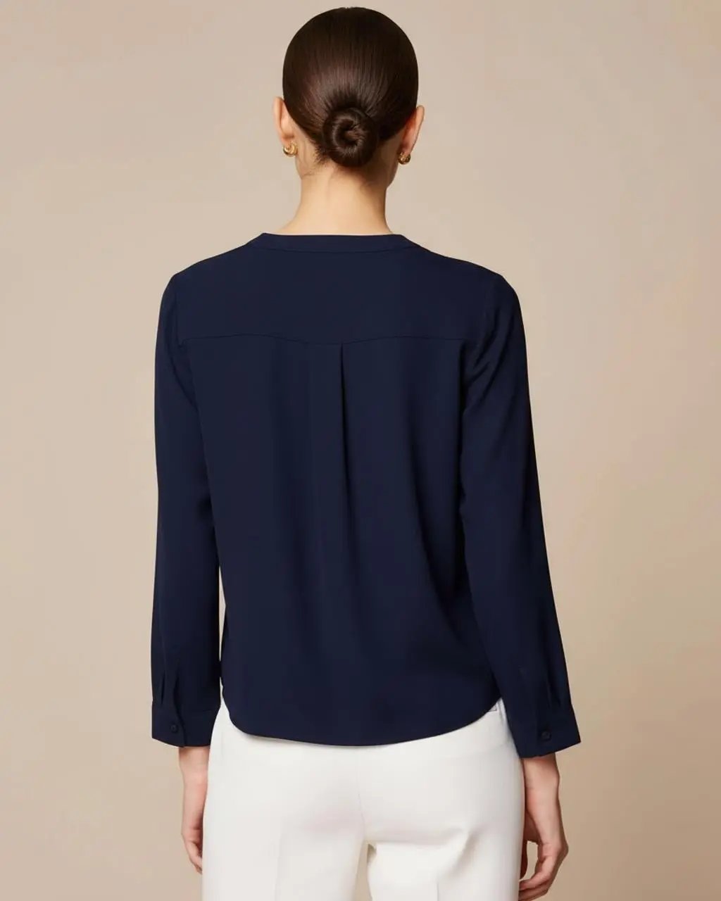 Plain Button Down V-Neck 3/4 Sleeve Blouse SOLACE