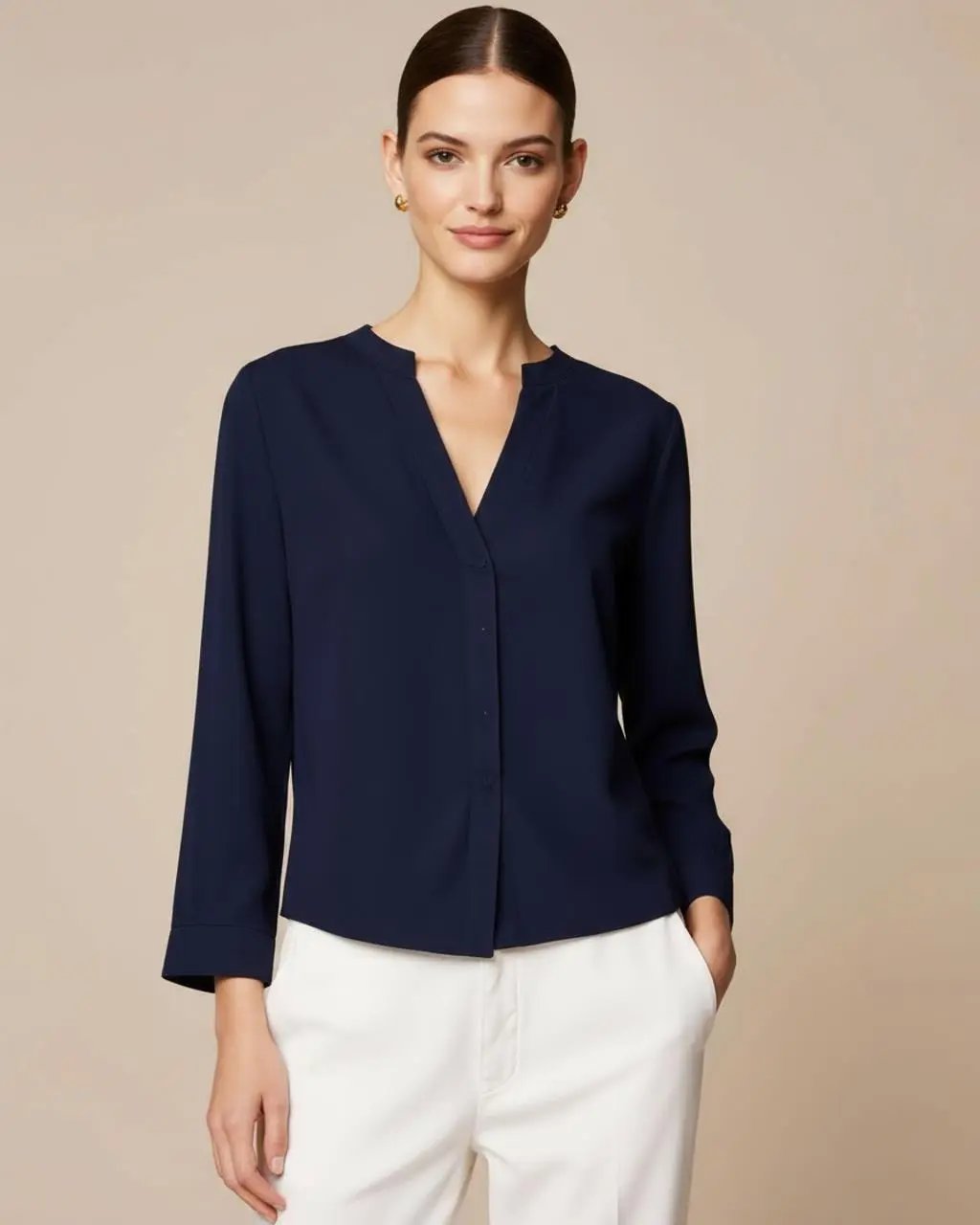 Plain Button Down V-Neck 3/4 Sleeve Blouse SOLACE