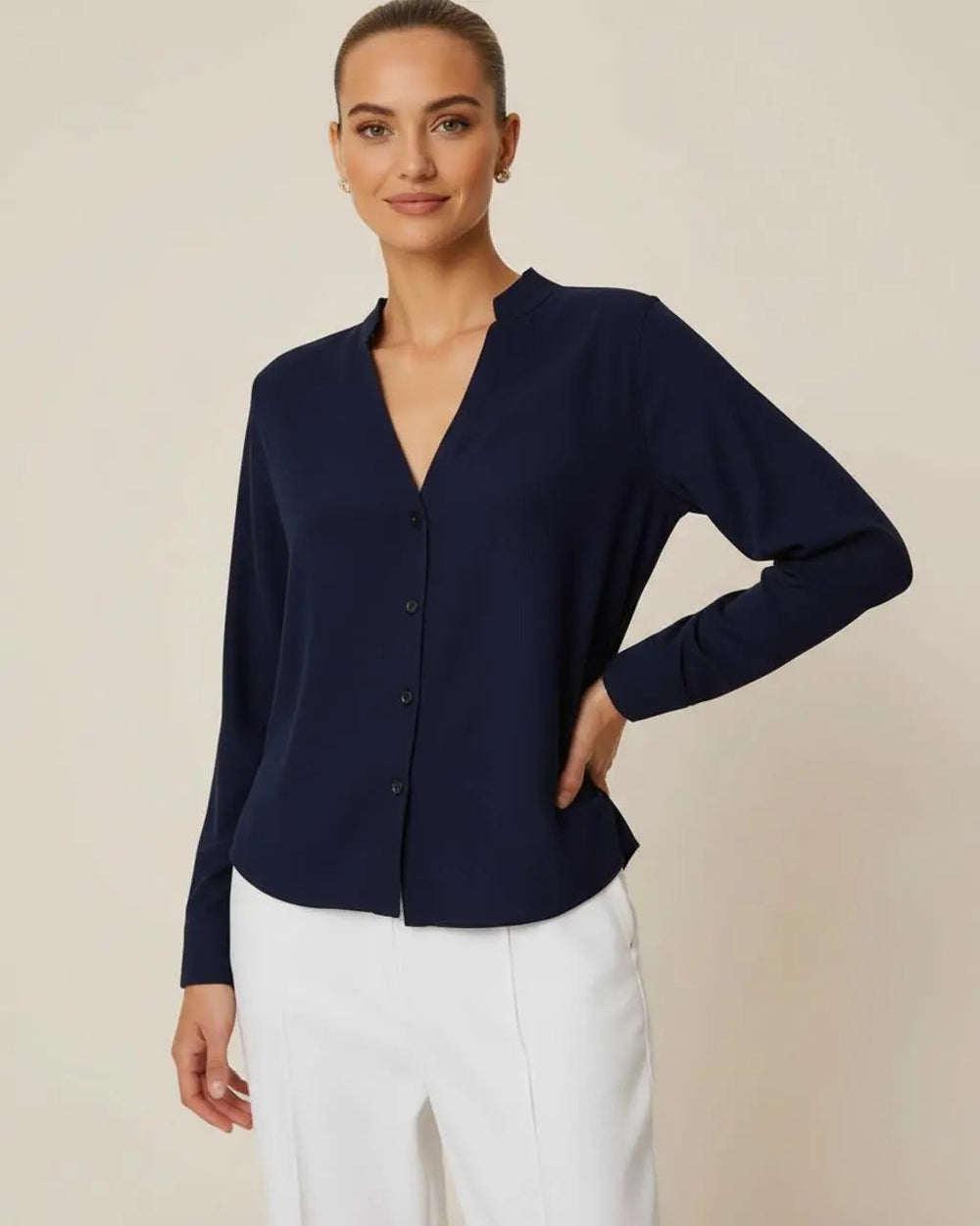 Plain Button Down Mandarin V-neck Collar Long Sleeve Blouse SOLACE