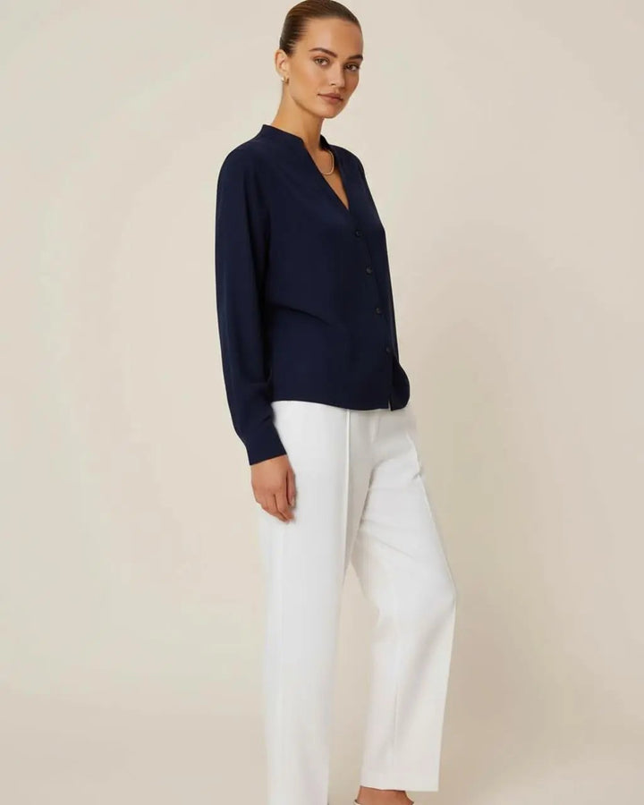 Plain Button Down Mandarin V-neck Collar Long Sleeve Blouse SOLACE