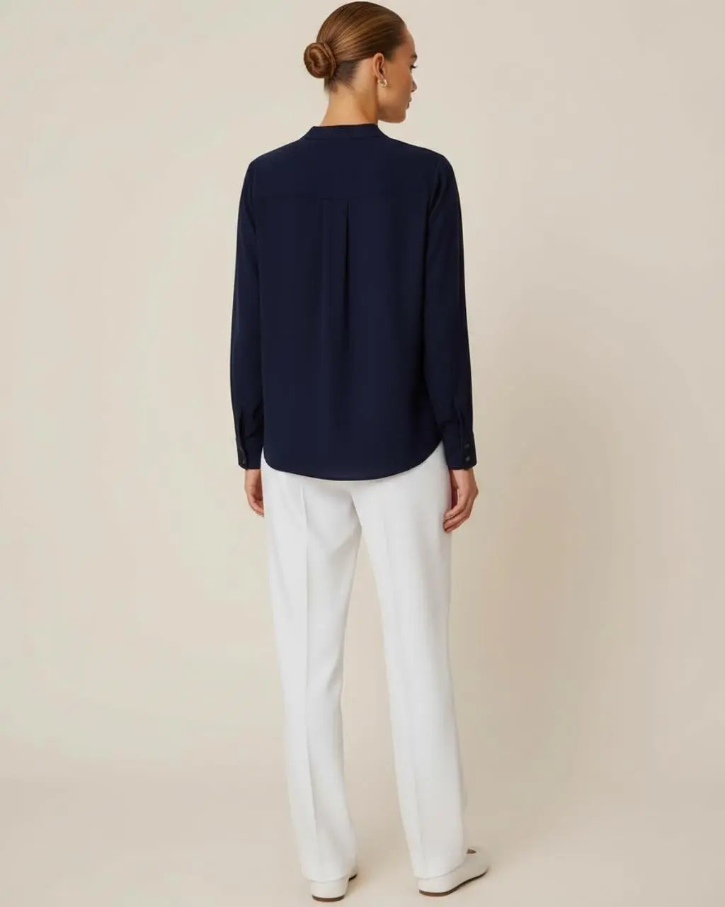 Plain Button Down Mandarin V-neck Collar Long Sleeve Blouse SOLACE