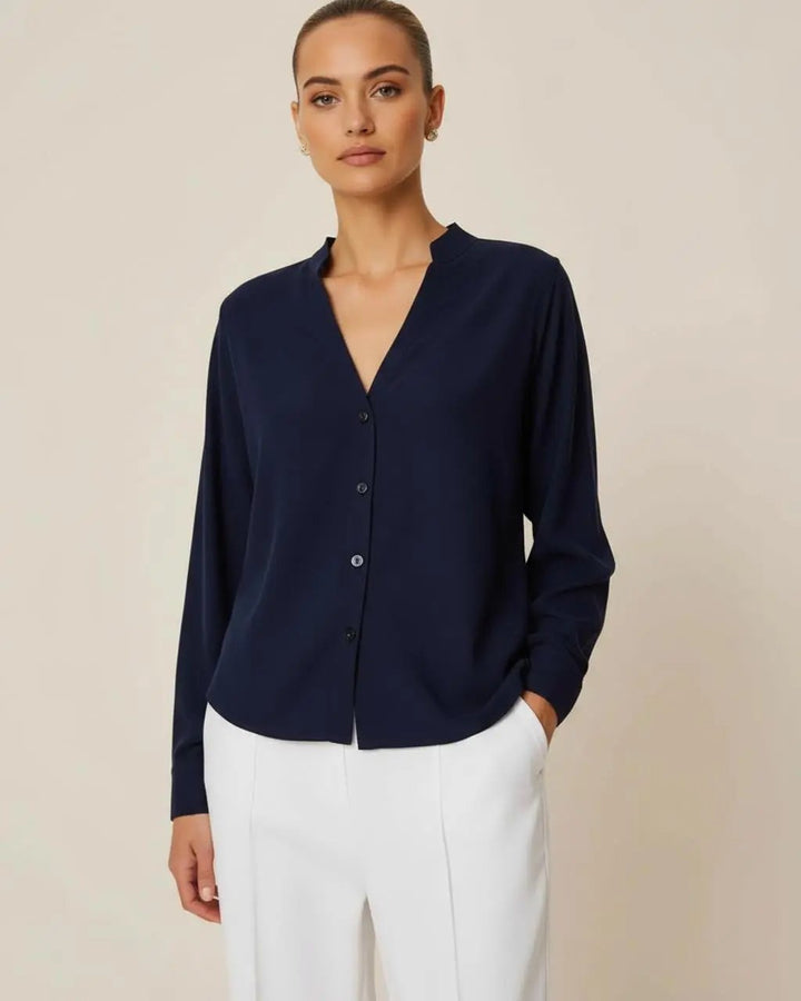 Plain Button Down Mandarin V-neck Collar Long Sleeve Blouse SOLACE