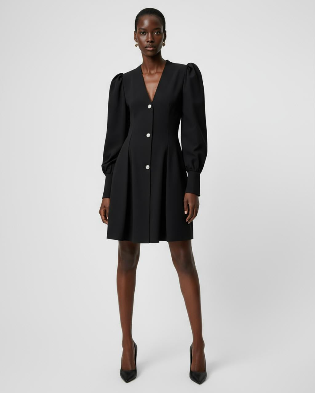 Black Button Puff Sleeve Dress SOLACE