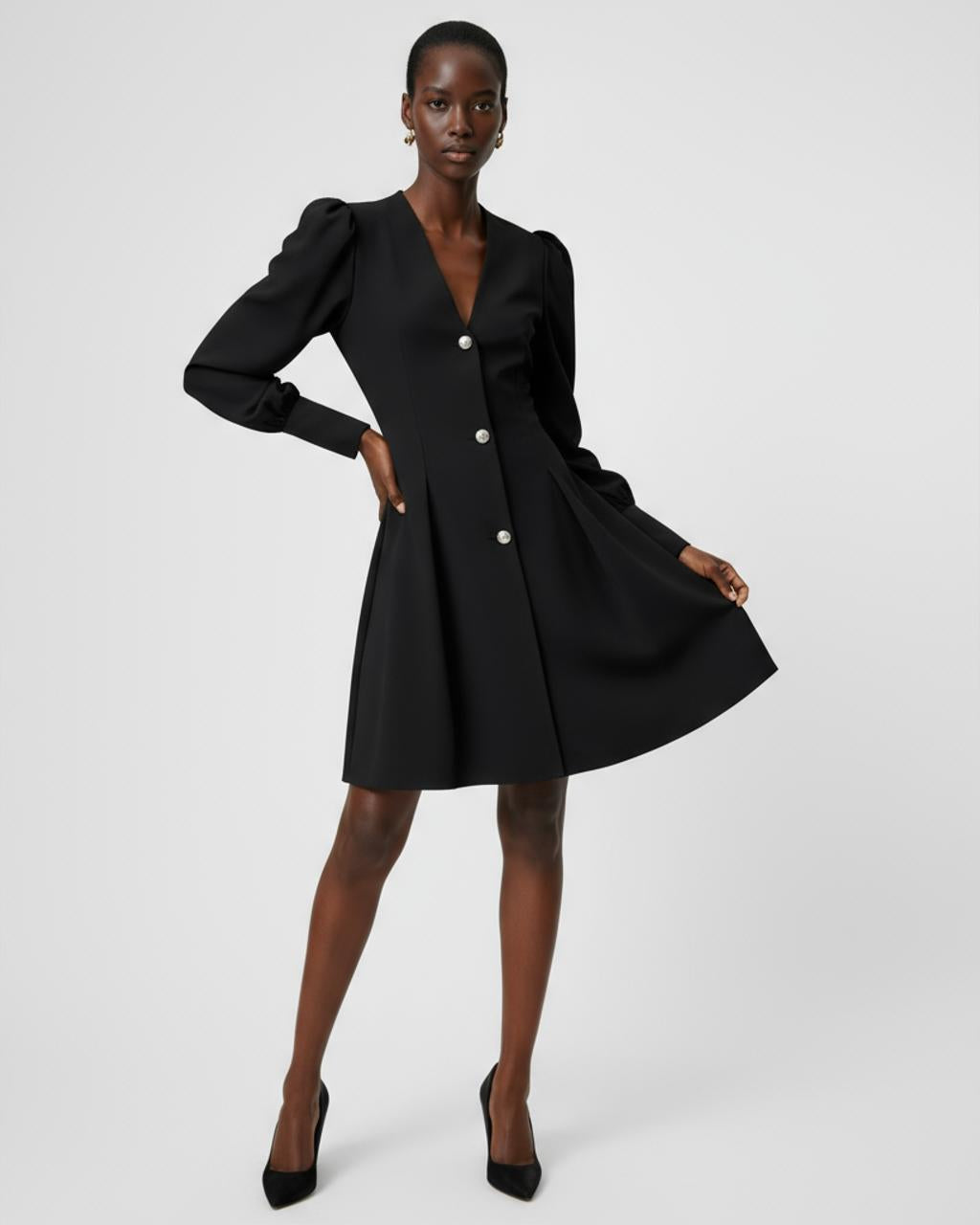Black Button Puff Sleeve Dress SOLACE