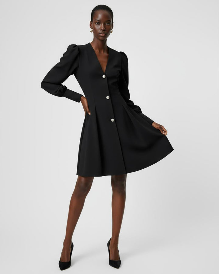 Black Button Puff Sleeve Dress SOLACE