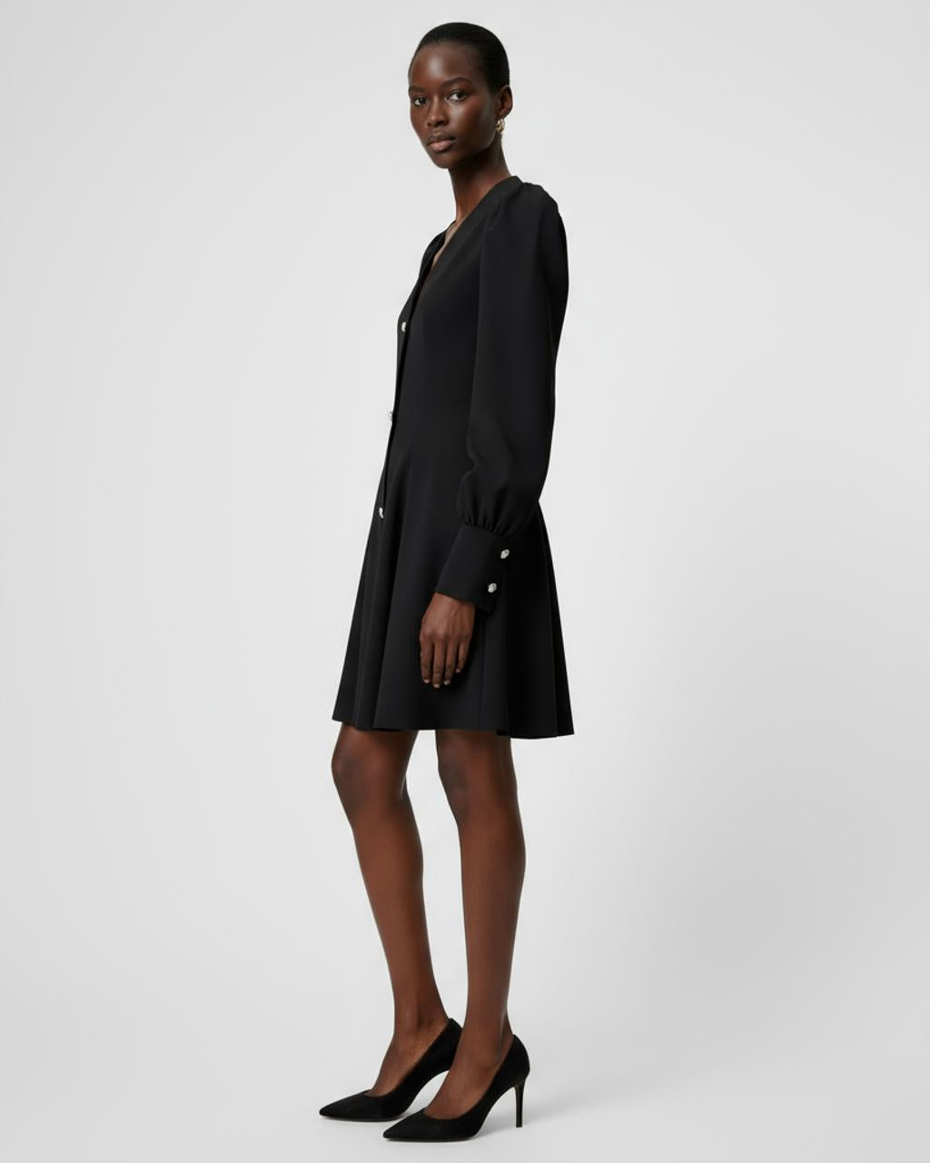 Black Button Puff Sleeve Dress SOLACE