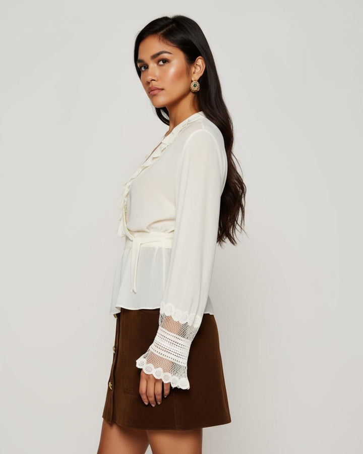 Lace Trim Wrap Front Peplum Top SOLACE