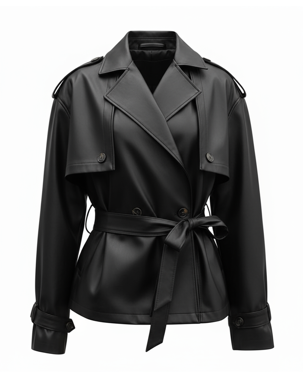Black Faux Leather Belted Jacket SOLACE