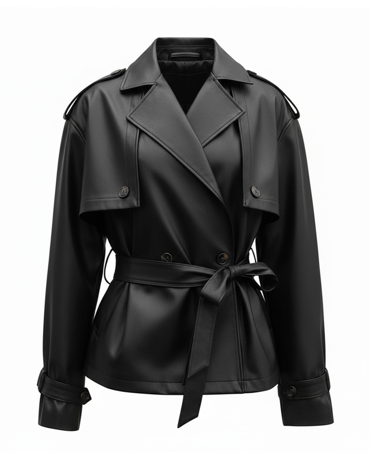 Black Faux Leather Belted Jacket SOLACE