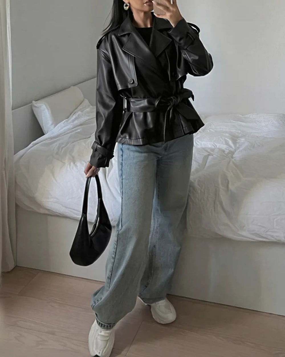 Black Faux Leather Belted Jacket SOLACE