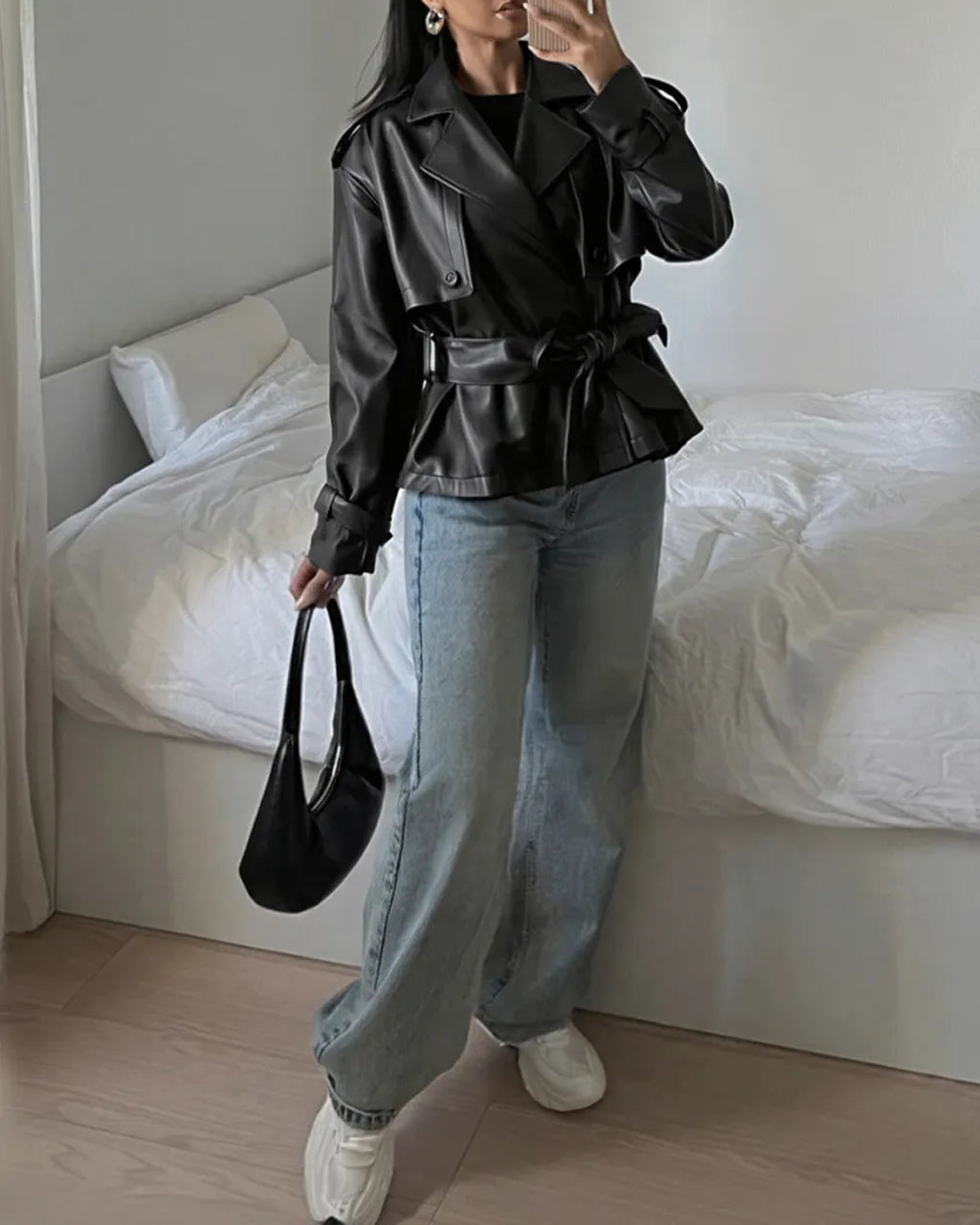 Black Faux Leather Belted Jacket SOLACE