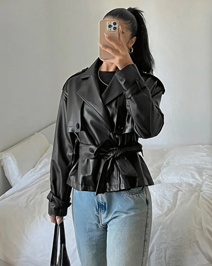Black Faux Leather Belted Jacket SOLACE
