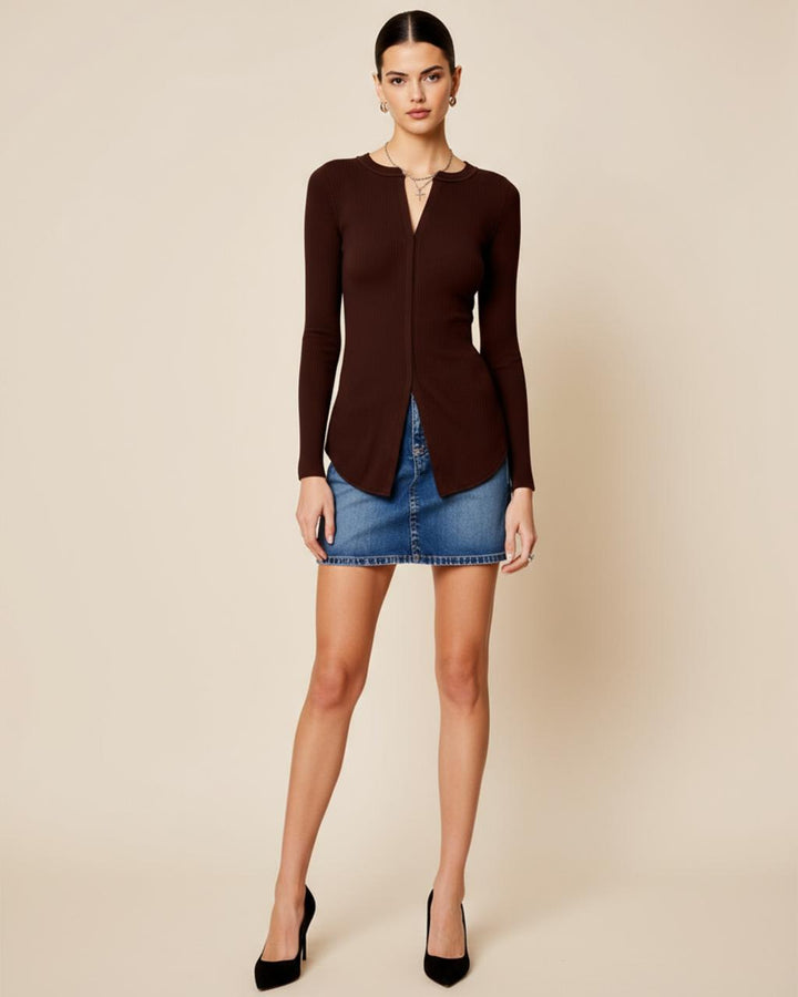 Brown Split Front Knitted Top SOLACE