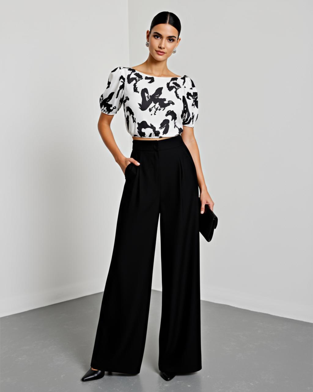 Floral Print Boat Neck Bell Sleeve And Wide Leg Pants Set SOLACE
