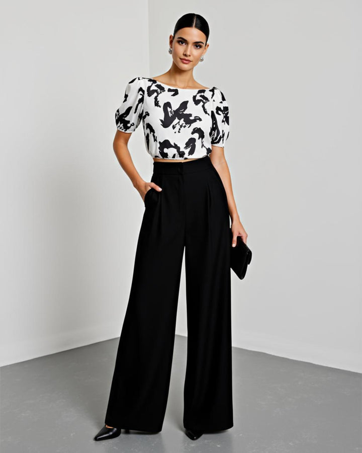 Floral Print Boat Neck Bell Sleeve And Wide Leg Pants Set SOLACE