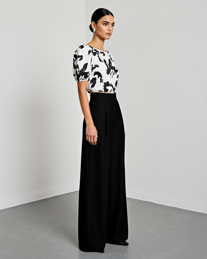 Floral Print Boat Neck Bell Sleeve And Wide Leg Pants Set SOLACE
