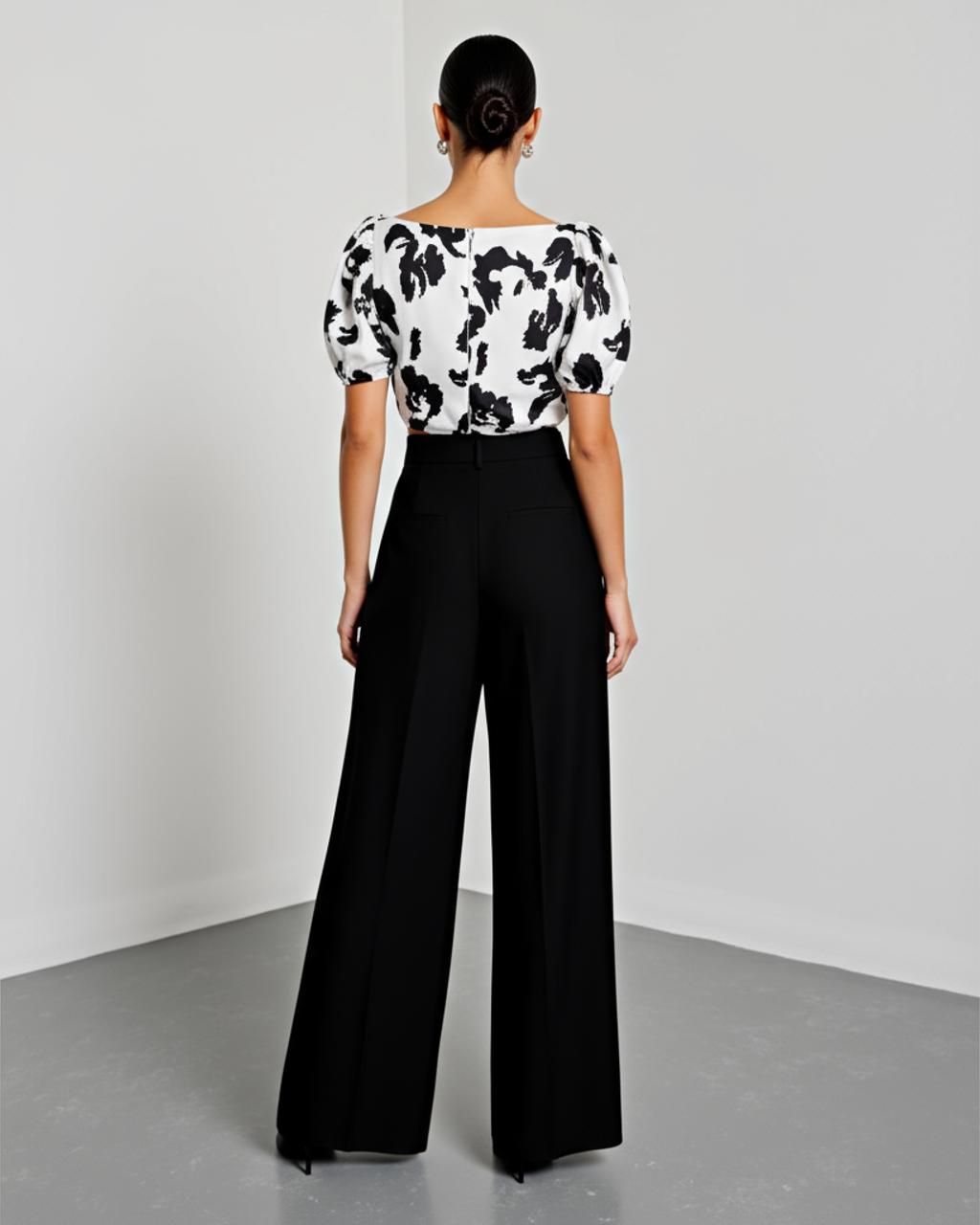 Floral Print Boat Neck Bell Sleeve And Wide Leg Pants Set SOLACE