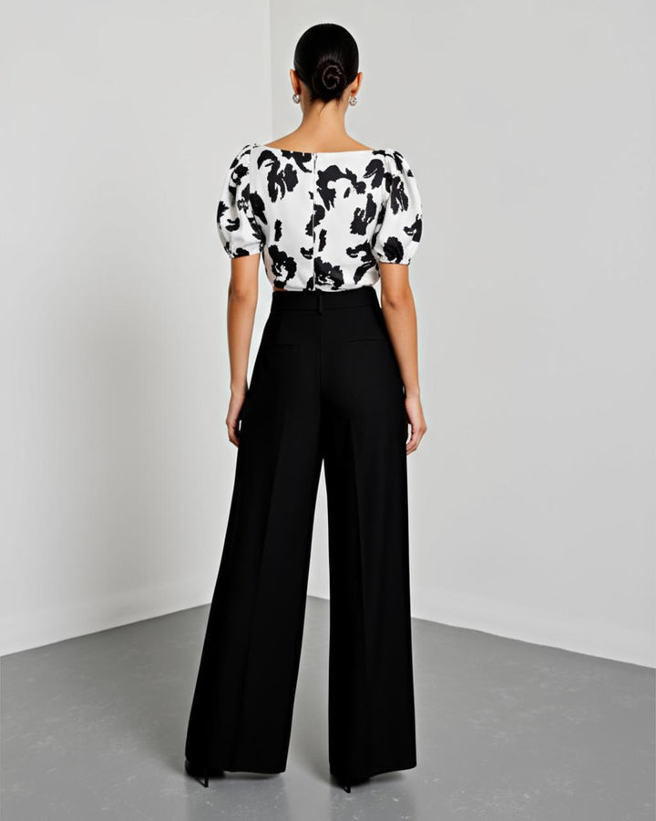 Floral Print Boat Neck Bell Sleeve And Wide Leg Pants Set SOLACE