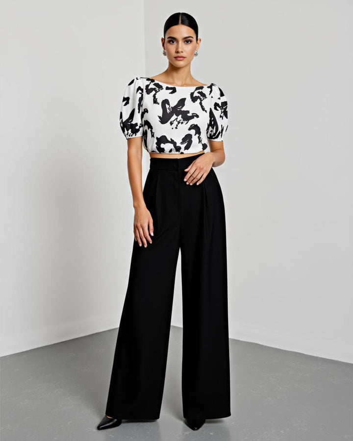 Floral Print Boat Neck Bell Sleeve And Wide Leg Pants Set SOLACE