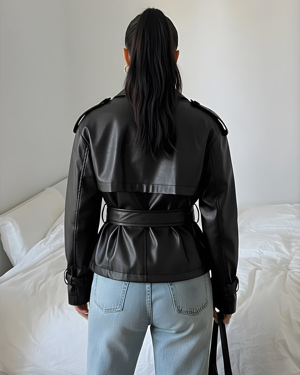 Black Faux Leather Belted Jacket SOLACE
