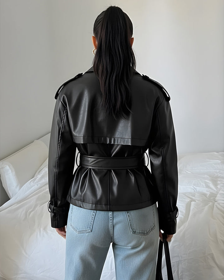 Black Faux Leather Belted Jacket SOLACE