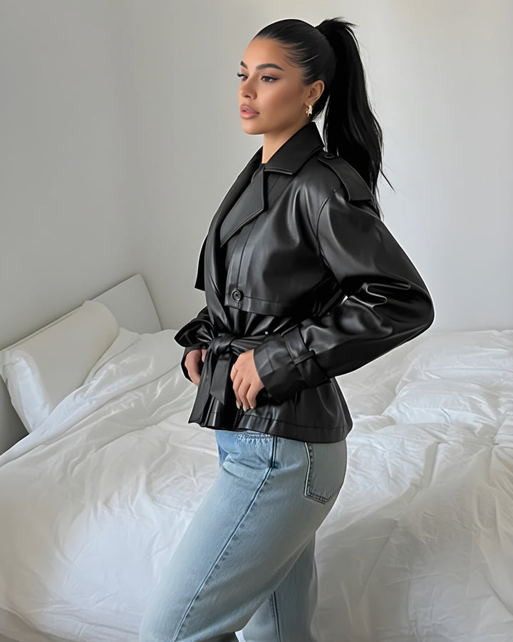 Black Faux Leather Belted Jacket SOLACE