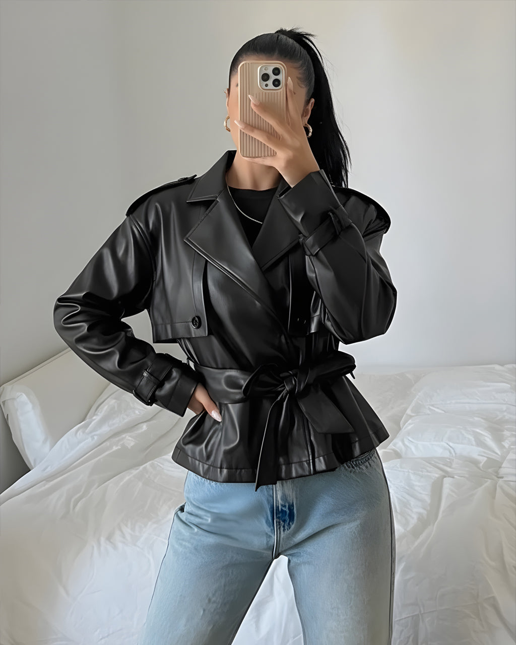 Black Faux Leather Belted Jacket SOLACE