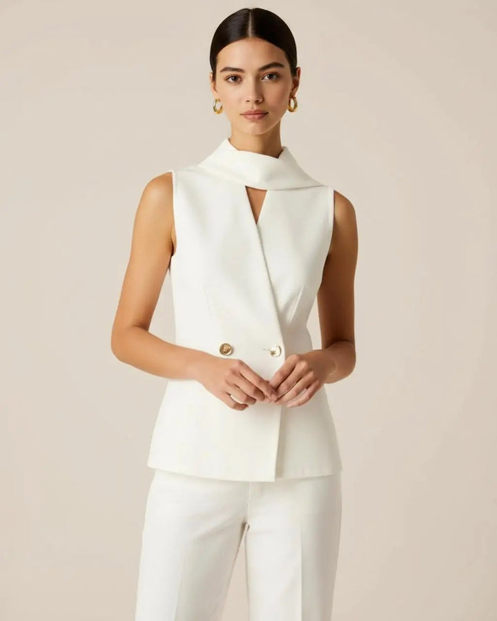 White Sleeveless Shawl-Collar Blouse Top SOLACE