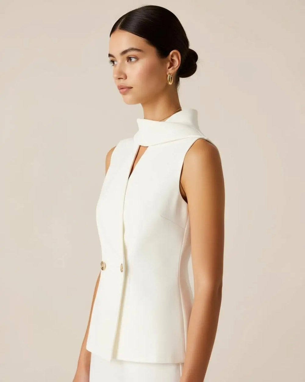 White Sleeveless Shawl-Collar Blouse Top SOLACE