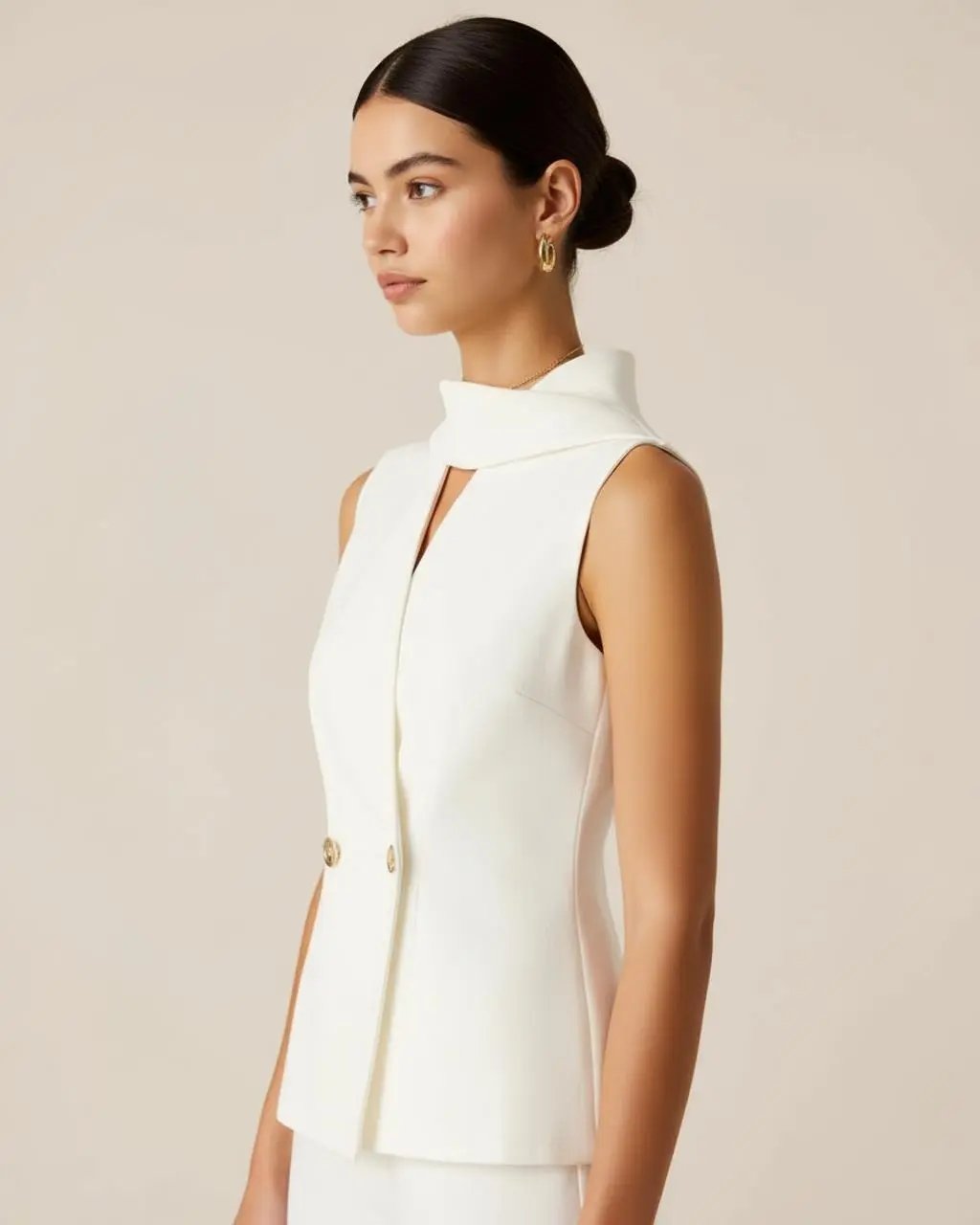 White Sleeveless Shawl-Collar Blouse Top SOLACE