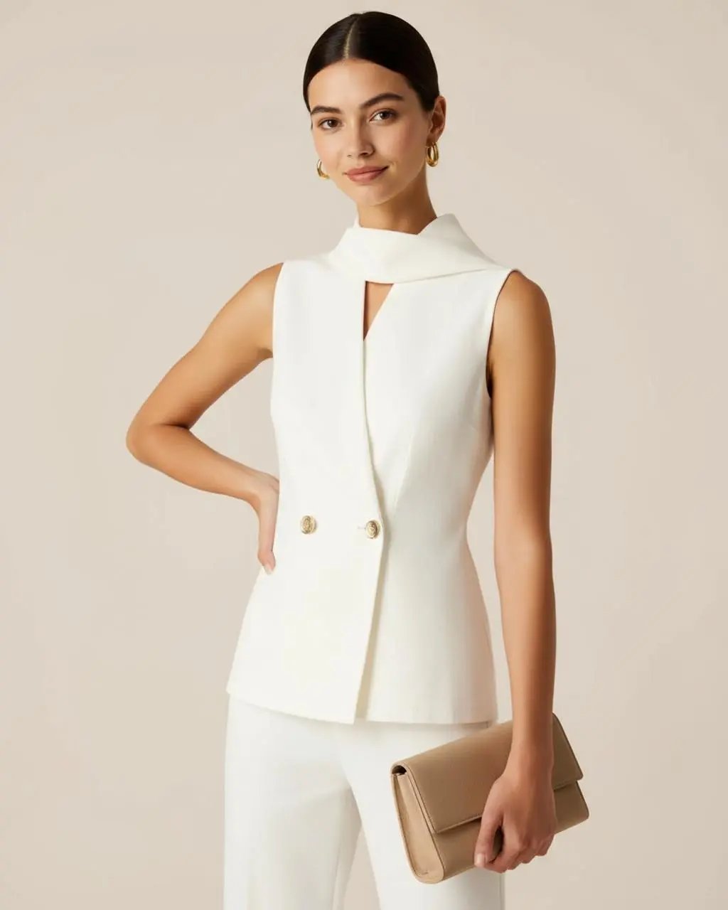 White Sleeveless Shawl-Collar Blouse Top SOLACE